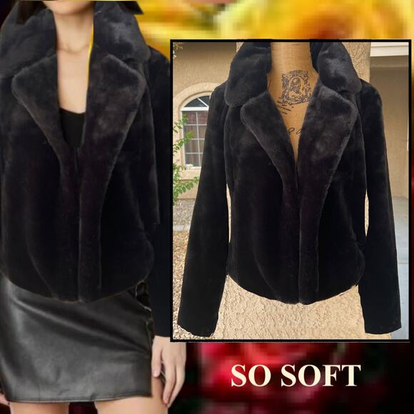 Blank NYC Cropped Open Front Black Faux Fur Jacket Plus Size: L - Picture 1 of 6